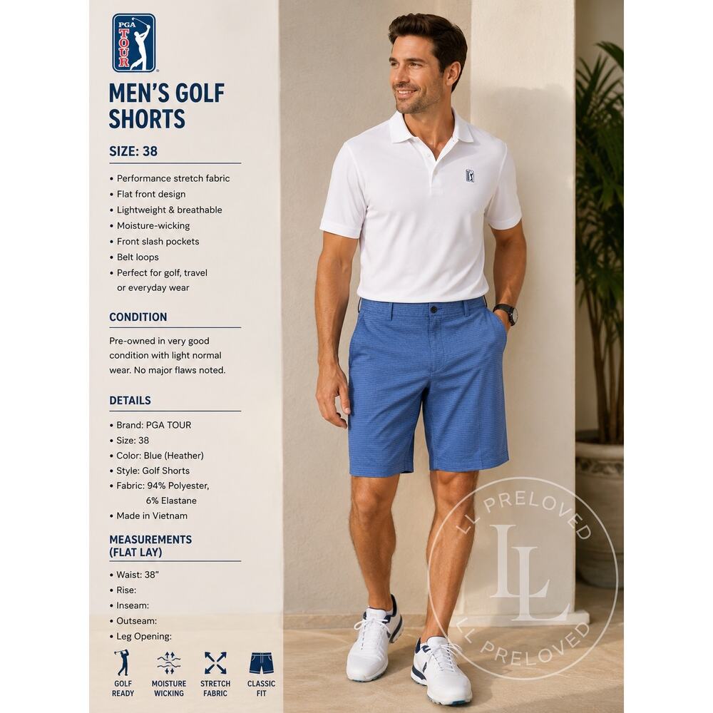 PGA Tour Men’s Blue Golf Shorts Size 38 Performance Stretch Flat Front